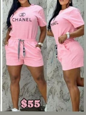 CHANEL Pink Athletic Drawstring Short Set